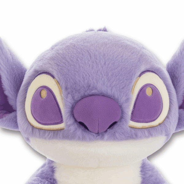 Peluche Stitch ufficiale Disney viola, zoom volto.